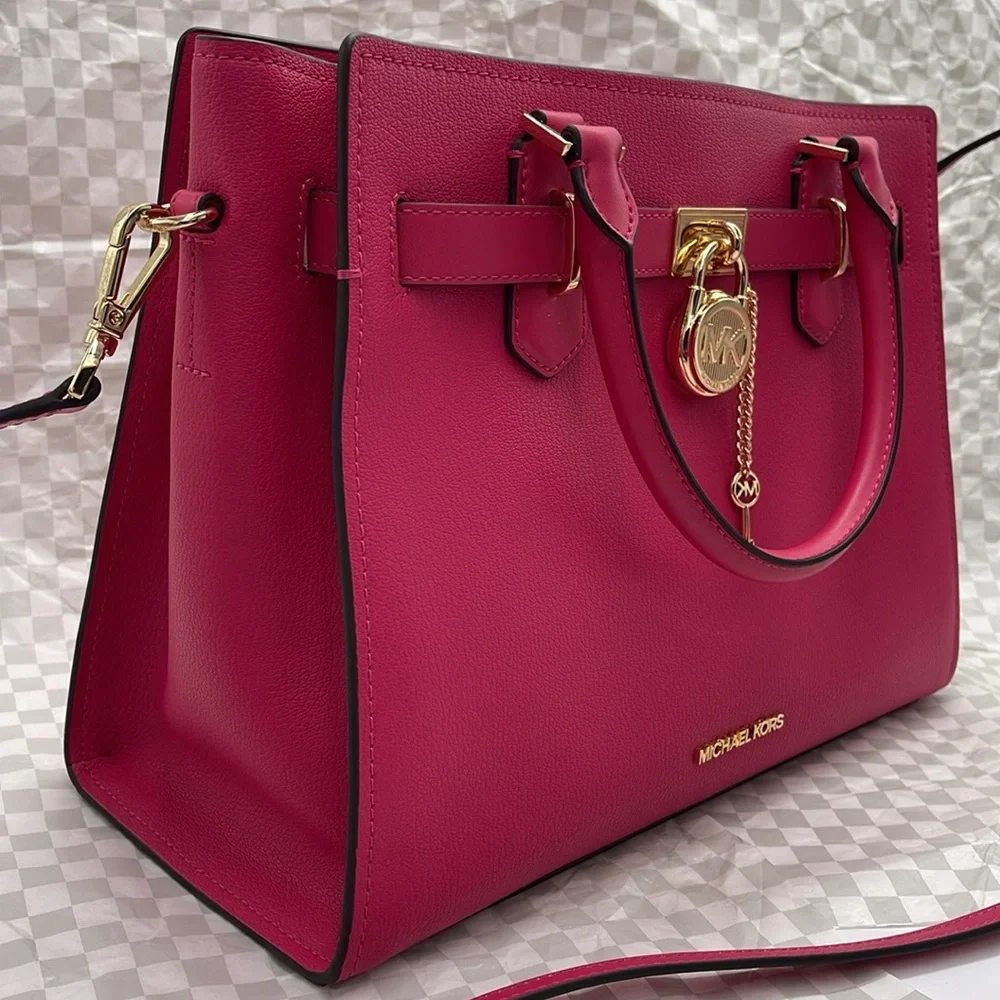 Michael Kors Hamilton Medium Leather Satchel Electric Pink NWT